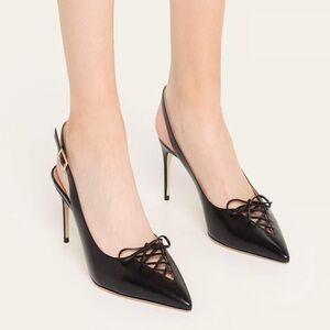 NIB Malone Souliers Trudie Pointed Toe Slingback Laces Stiletto Heels Black 40